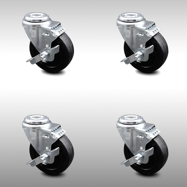 4 Inch SS Soft Rubber Wheel Swivel Bolt Hole Caster Set with Brake SCC